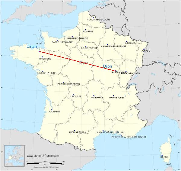 Distance Dinan Dijon sur la carte de France