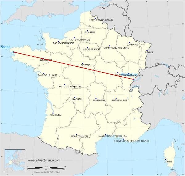 Distance Pontarlier Airport Brest sur la carte de France
