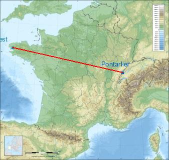 Distance entre de Pontarlier Airport et Brest sur la carte de France