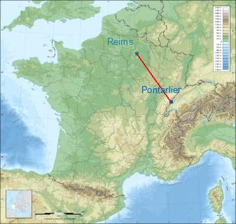 Distance entre de Pontarlier et Reims sur la carte de France