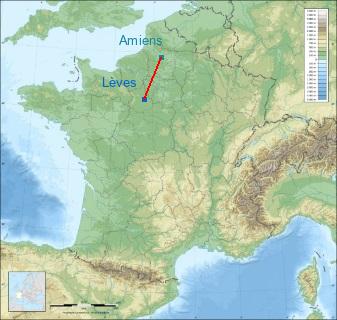 Distance entre de Lèves et Amiens sur la carte de France