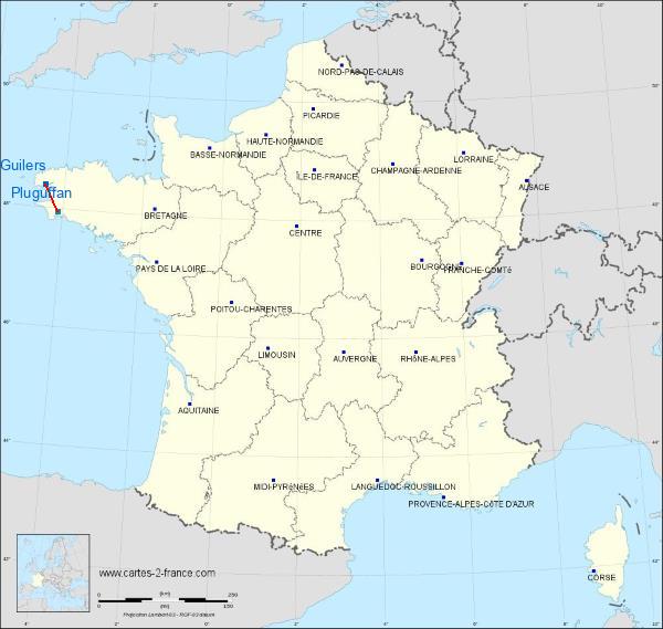 Distance Guilers Quimper-Pluguffan sur la carte de France