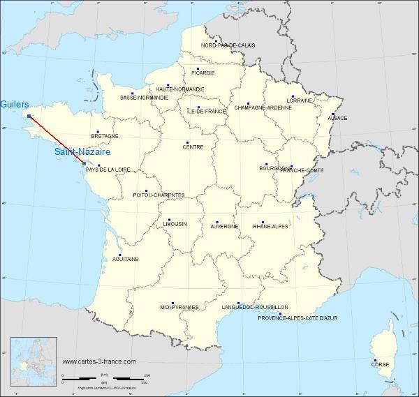 Distance Guilers Saint-Nazaire sur la carte de France