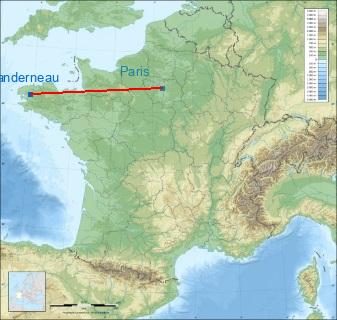Distance entre de Landerneau et Paris sur la carte de France