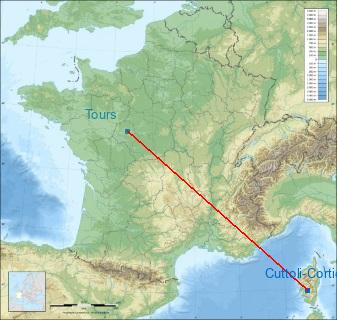 Distance entre de Cuttoli-Corticchiato et Tours sur la carte de France