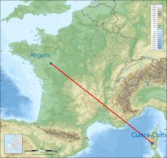 Distance entre de Cuttoli-Corticchiato et Angers sur la carte de France