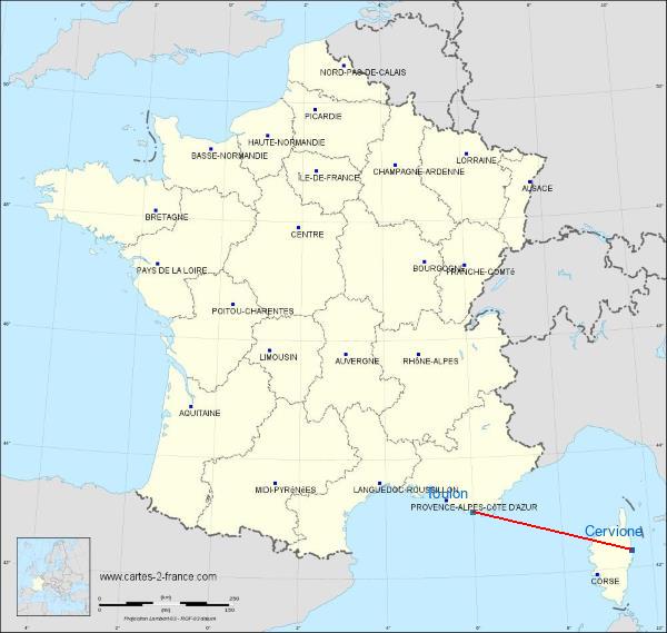 Distance Cervione Toulon sur la carte de France