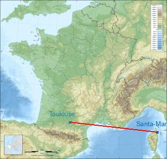 Distance entre de Santa-Maria-di-Lota et Toulouse sur la carte de France
