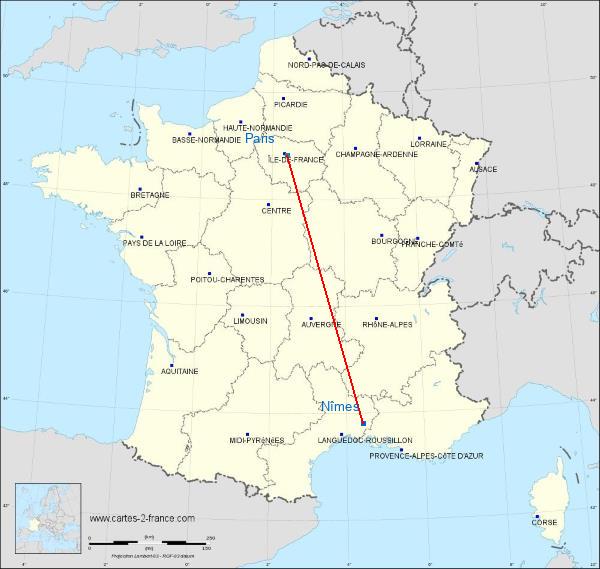Distance Nîmes Paris sur la carte de France