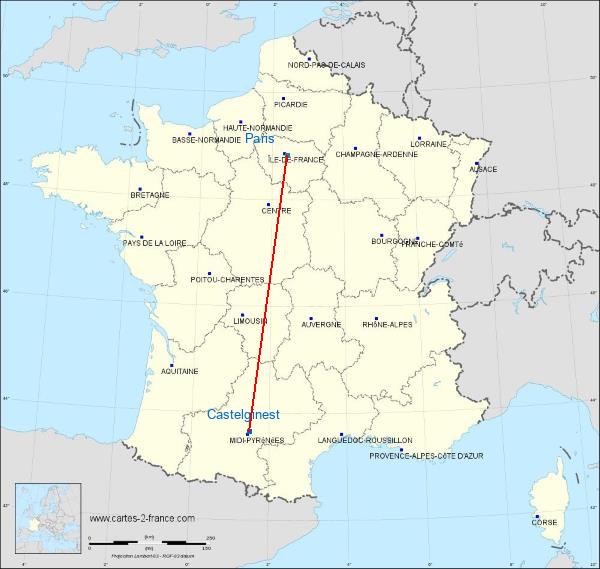 Distance Castelginest Paris sur la carte de France