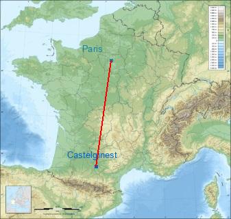 Distance entre de Castelginest et Paris sur la carte de France