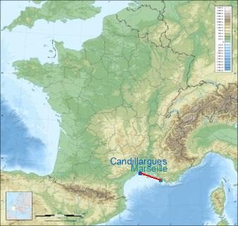 Distance entre de Montpellier-Candillargues et Marseille sur la carte de France