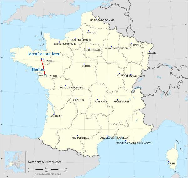 Distance Montfort-sur-Meu Nantes sur la carte de France