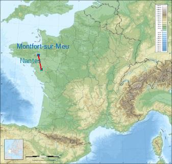 Distance entre de Montfort-sur-Meu et Nantes sur la carte de France