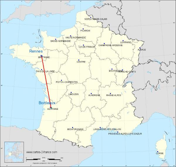 Distance Rennes Bordeaux sur la carte de France
