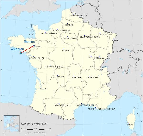 Distance Rennes Quiberon sur la carte de France