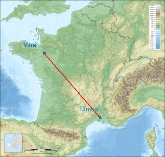 Distance entre de Vitré et Nîmes sur la carte de France