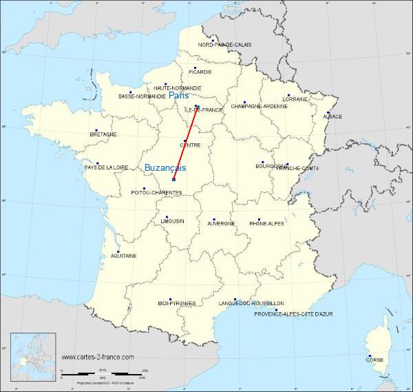 Distance Buzançais Paris sur la carte de France