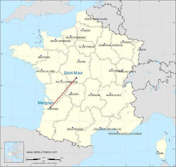 Distance Châteauroux-Villers Mérignac sur la carte de France
