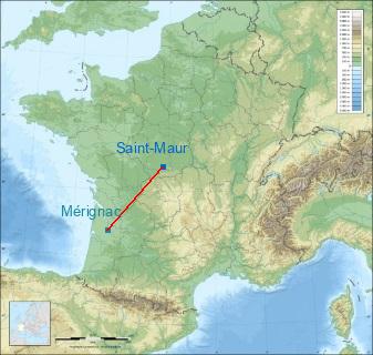 Distance entre de Châteauroux-Villers et Mérignac sur la carte de France