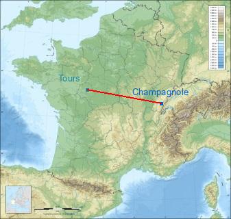 Distance entre de Champagnole et Tours sur la carte de France