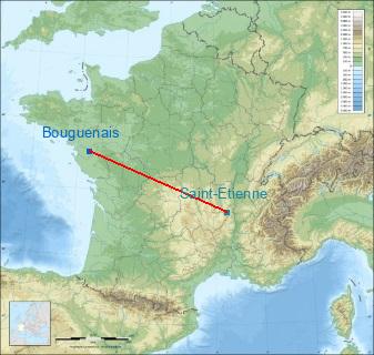 Distance entre de Bouguenais et Saint-Étienne sur la carte de France