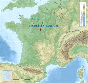 Distance entre de Saint-Denis-en-Val et Paris sur la carte de France