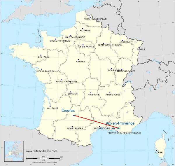 Distance Cahors Lalbenque Airport Aix-en-Provence sur la carte de France