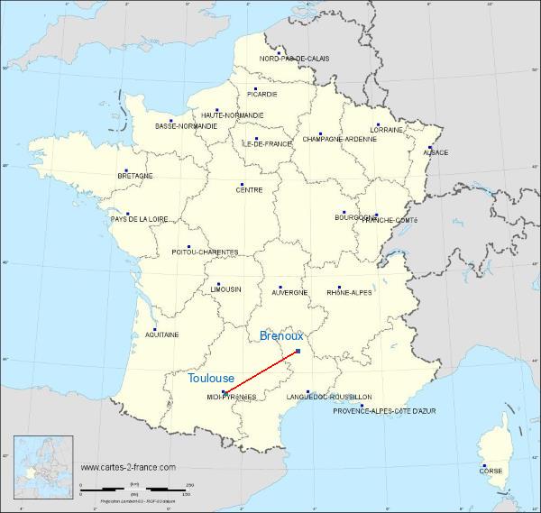Distance Mende-Brenoux Toulouse sur la carte de France