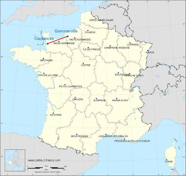 Distance Coutances Le Havre - Saint-Romain sur la carte de France
