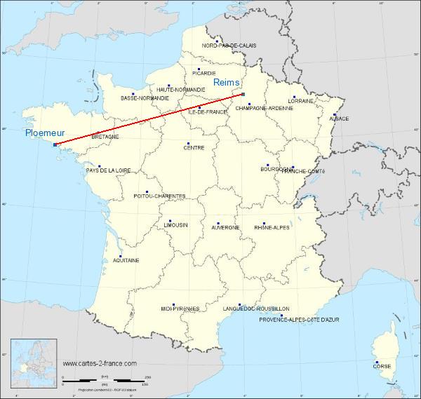 Distance Ploemeur Reims sur la carte de France