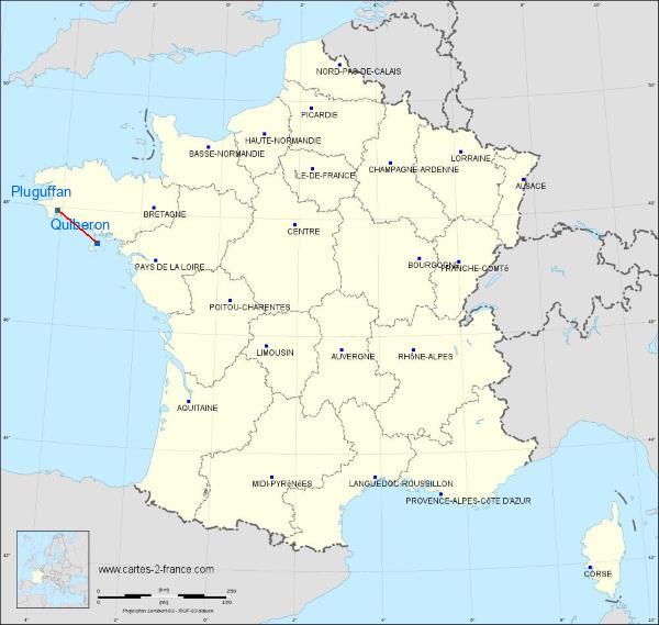 Distance Quiberon Quimper-Pluguffan sur la carte de France