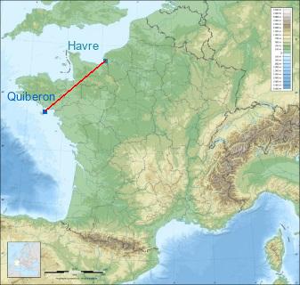 Distance entre de Quiberon et Le Havre sur la carte de France