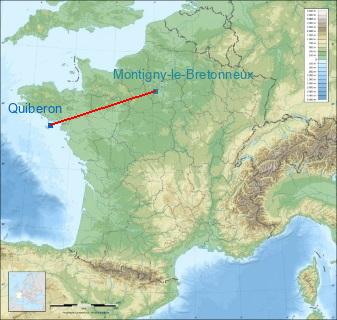 Distance entre de Quiberon et Saint-Quentin-en-Yvelines sur la carte de France