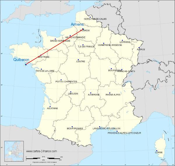 Distance Quiberon Amiens sur la carte de France