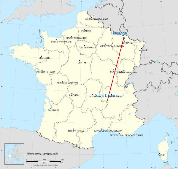Distance Hayange Saint-Étienne sur la carte de France