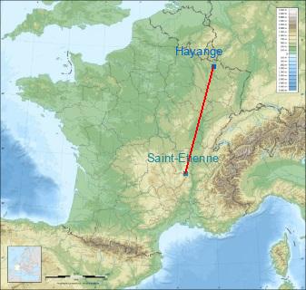 Distance entre de Hayange et Saint-Étienne sur la carte de France