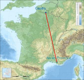 Distance entre de Caudry et Aix-en-Provence sur la carte de France