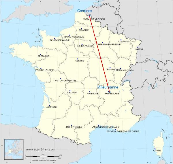 Distance Comines Villeurbanne sur la carte de France