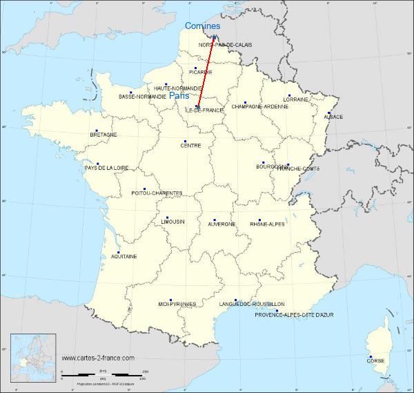 Distance Comines Centre Georges Pompidou sur la carte de France