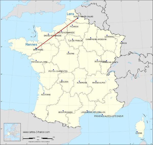 Distance Lens Rennes sur la carte de France