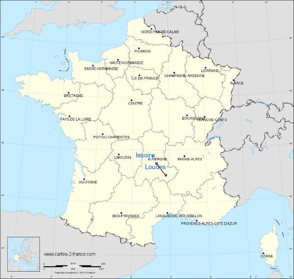 Distance Issoire Le Puy – Loudes Airport sur la carte de France