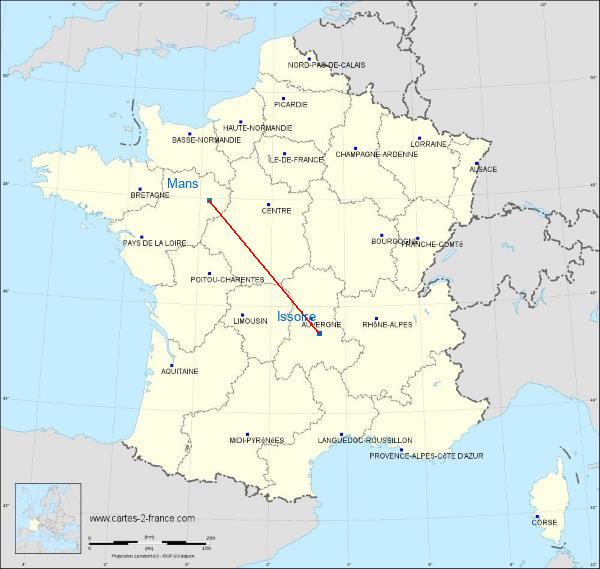 Distance Issoire Le Mans sur la carte de France