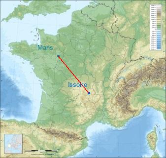 Distance entre de Issoire et Le Mans sur la carte de France