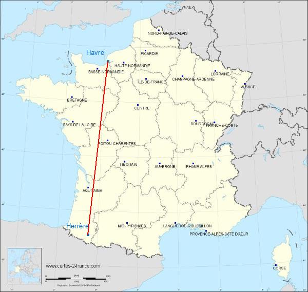 Distance Oloron-Herrère Le Havre sur la carte de France