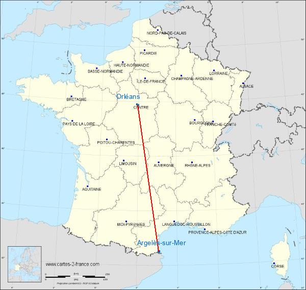 Distance Argelers Orléans sur la carte de France