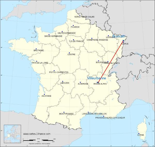 Distance Brumath Villeurbanne sur la carte de France
