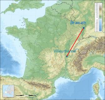 Distance entre de Brumath et Villeurbanne sur la carte de France