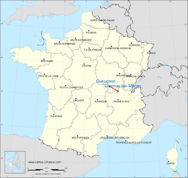 Distance Gueugnon Mâcon-Charnay sur la carte de France