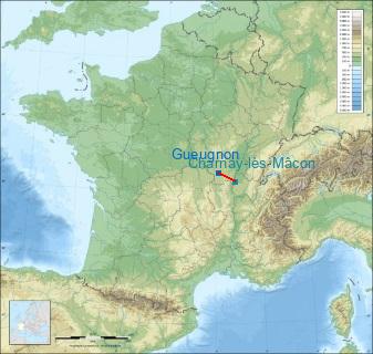 Distance entre de Gueugnon et Mâcon-Charnay sur la carte de France